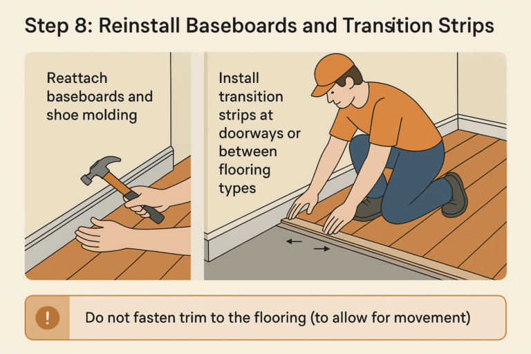 Illustration showing a person reinstalling baseboards and transition strips in a room.